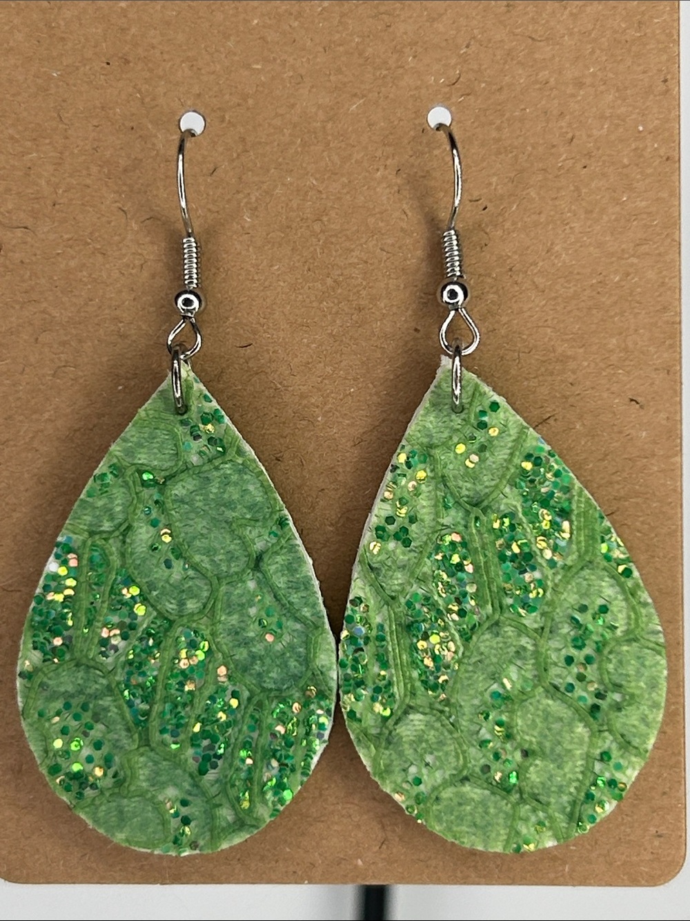 Mini Faux Leather Teardrop Earrings Green Sparkle Lace Fashion Jewelry